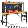 60" Adjustable Workbench with Pegboard, Heavy Duty Wood Top Work Bench with Wheels, 1600 LBS Load acity, Rolling Work Table with