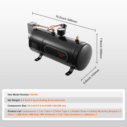 12V Train Horn Air Compressor with 3/6L Tank, 120 PSI