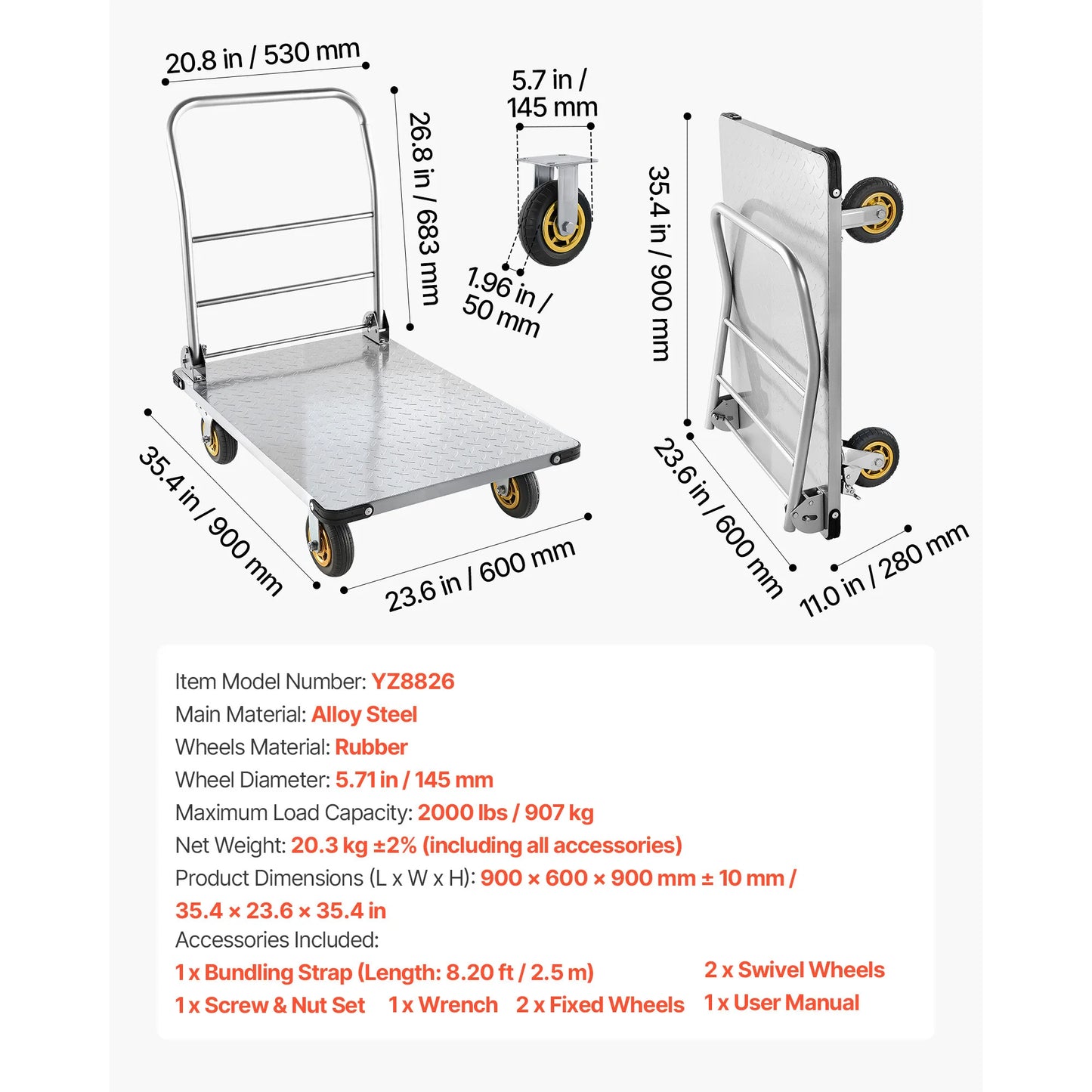 2000 lbs Steel Platform Truck with Swivel Wheels
