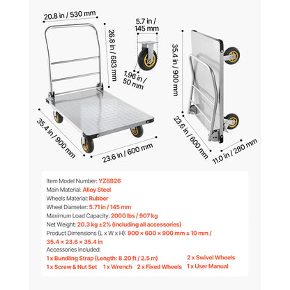 2000 lbs Steel Platform Truck with Swivel Wheels
