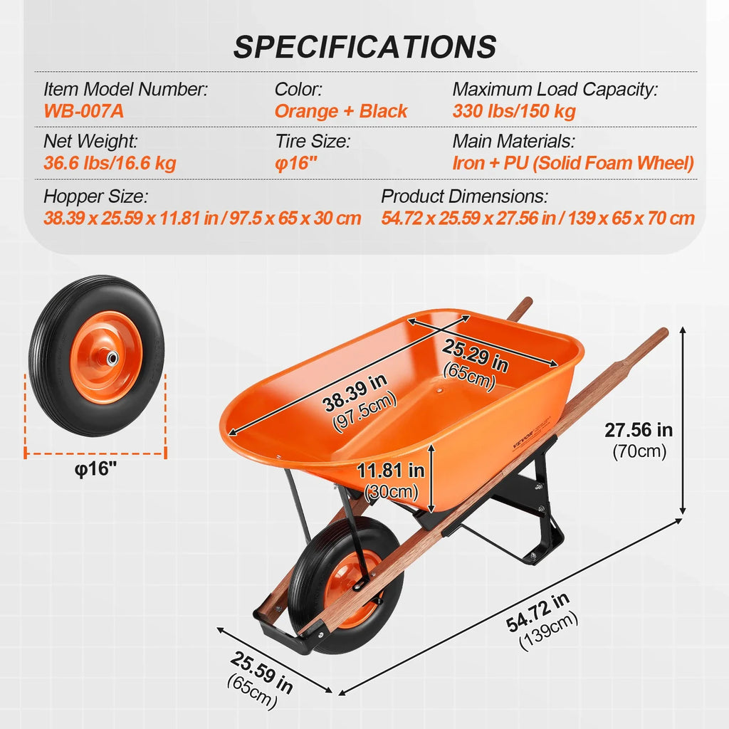 Wheelbarrow Cart 330lbs Capacity One Wheel Garden Dump Cart Wheel Barrow with Handle &  16"  Wide Track Wheels for Farm