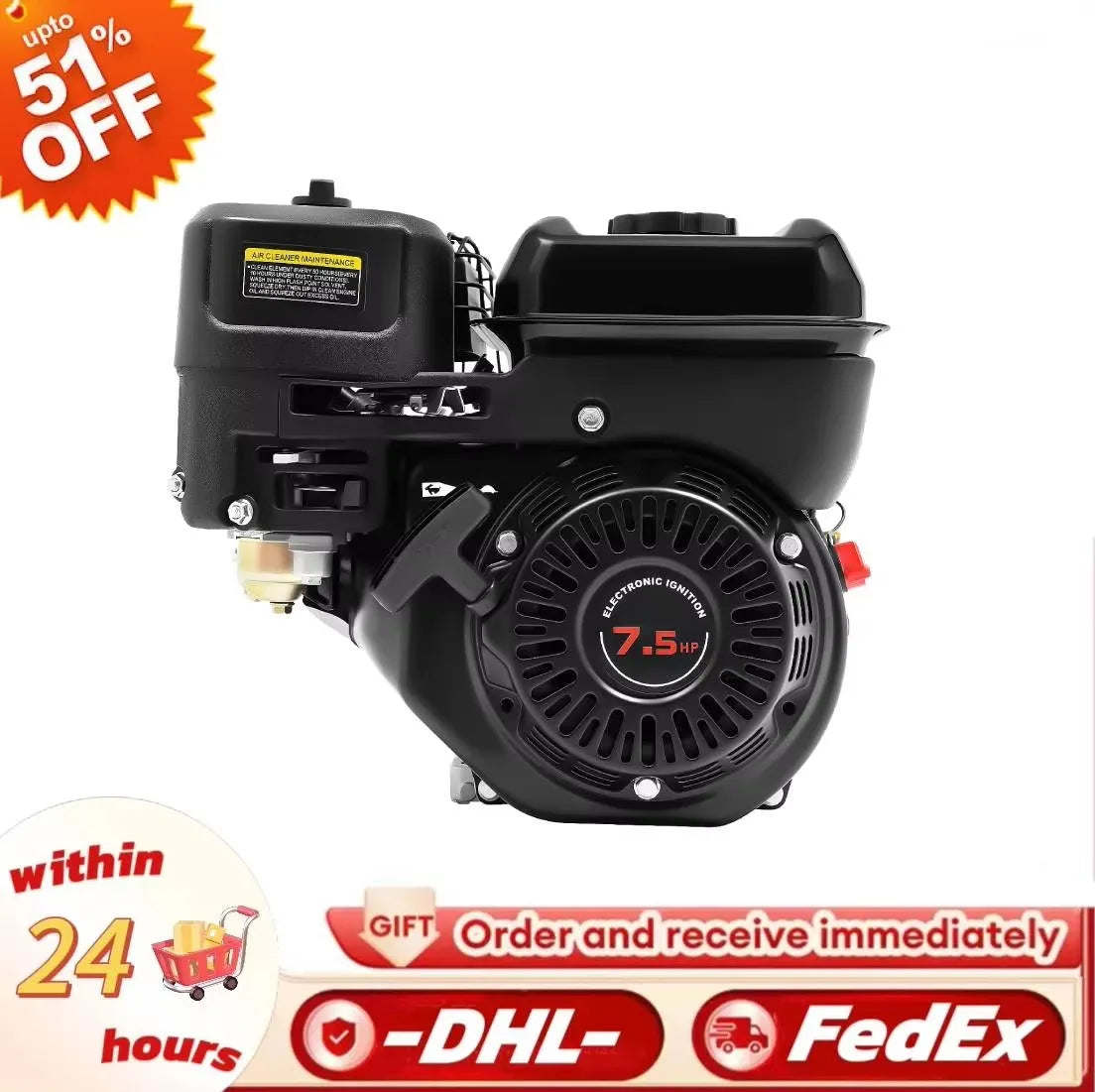 7.5hp 4-Stroke Gasoline Engine 212CC Standing Motor Single Cylinder 3600rpm Air Cooling Recoil Starting for Industrial/Kart