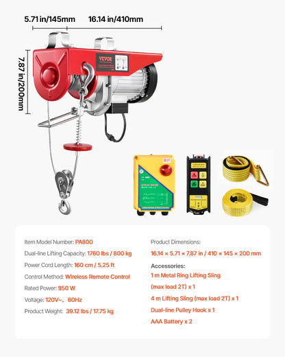 Electric Cable Hoist Winch 1320-2200 lbs with Remote