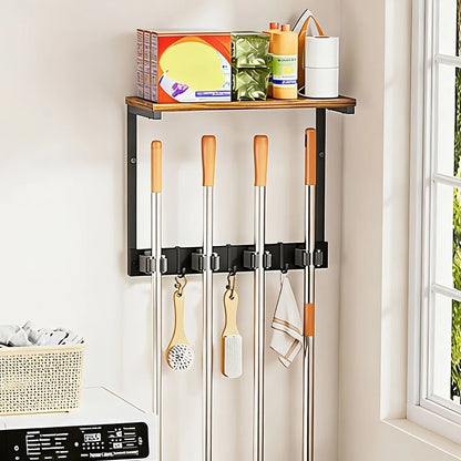 Wall-Mounted Broom & Mop Holder with Wood Storage Shelf