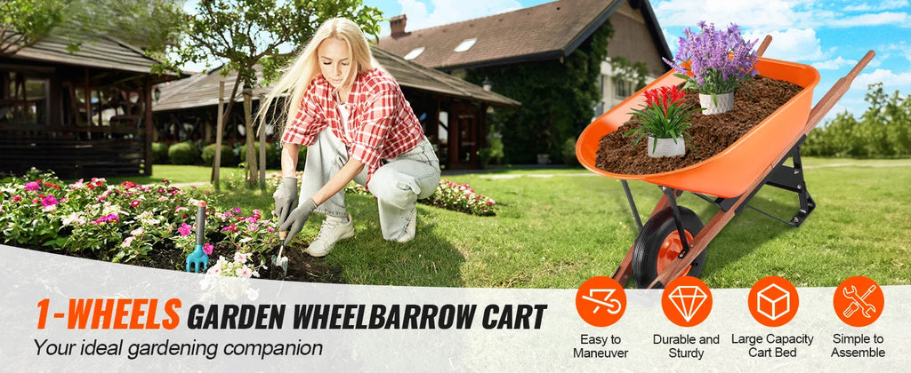 Wheelbarrow Cart 330lbs Capacity One Wheel Garden Dump Cart Wheel Barrow with Handle &  16"  Wide Track Wheels for Farm