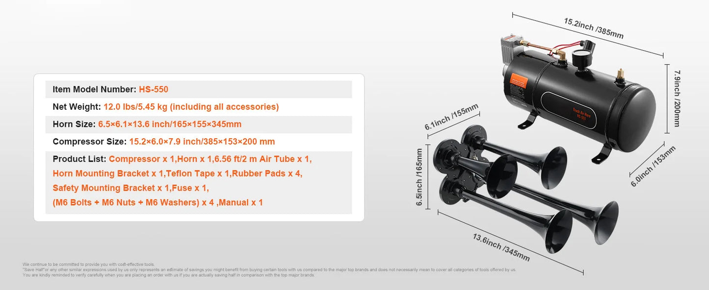 4-Trumpet Train Horn Kit 150dB - 12V Air System