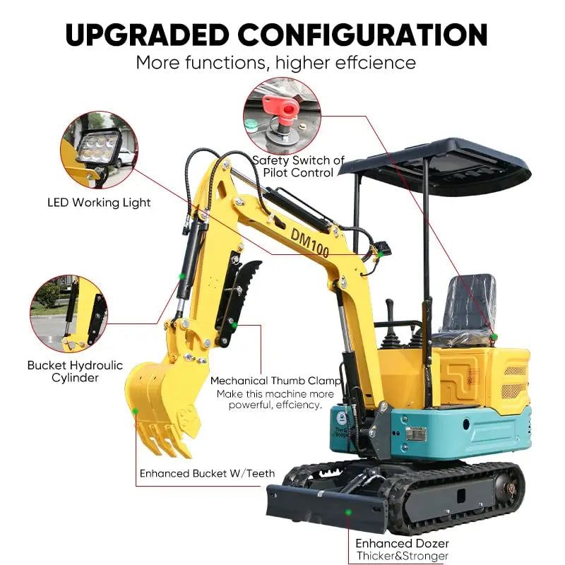 13.5hp 1 Ton Mini Excavator Trench Digger with Ceiling,Mechanical Thumb clamp, CE/EPA/EURO5 compliance certificates