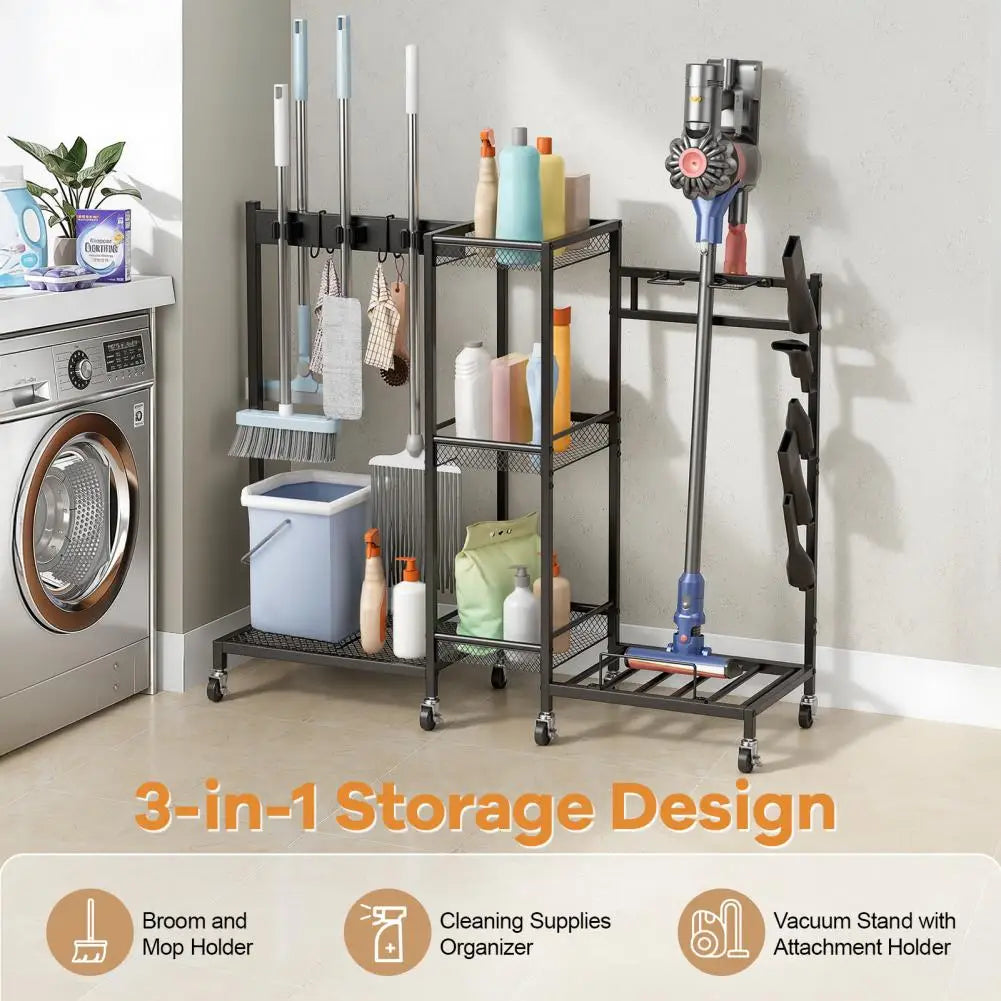 3-Tier Rolling Broom & Mop Storage Rack with Brakes