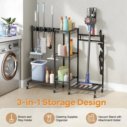 3-Tier Rolling Broom & Mop Storage Rack with Brakes