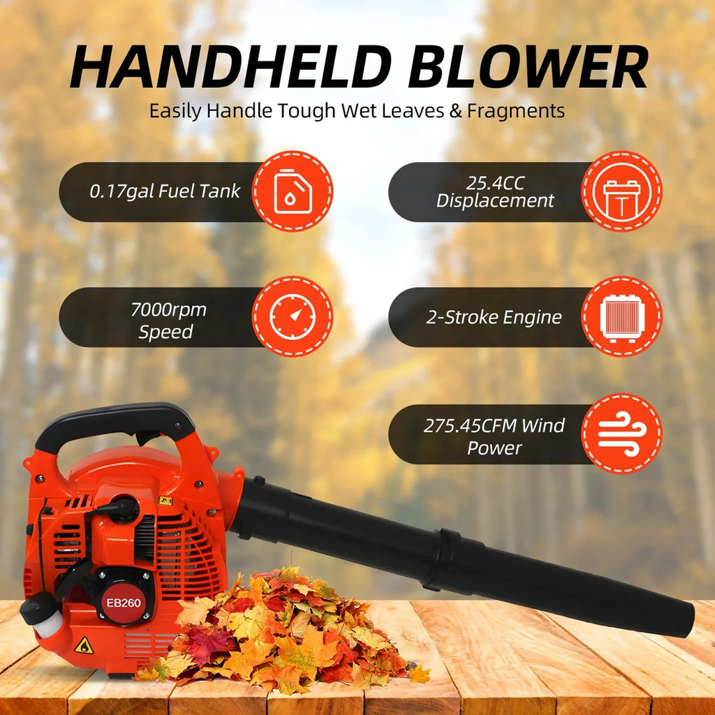 750W Gas Powered Leaf Blower 2Stroke Engine 25.4CC 275.45CFM Air Volume 0.65L Oil Tank Handheld Blower Powerful Wind Snow Blower