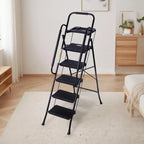 5 Step Folding Ladder with Handrails, 500 Lbs Capacity, Anti-Slip Pedals & Tool Platform for Home Kitchen Office