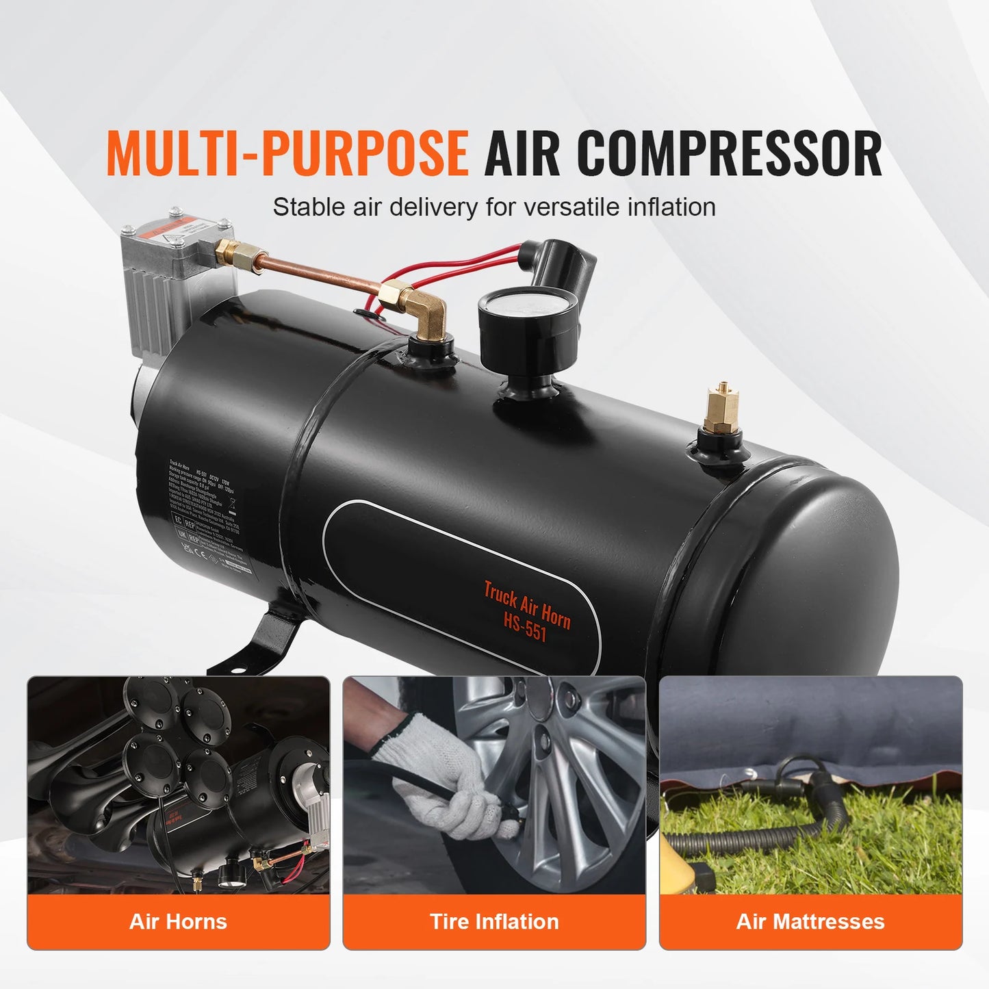 12V Train Horn Air Compressor with 3L Tank, 120 PSI