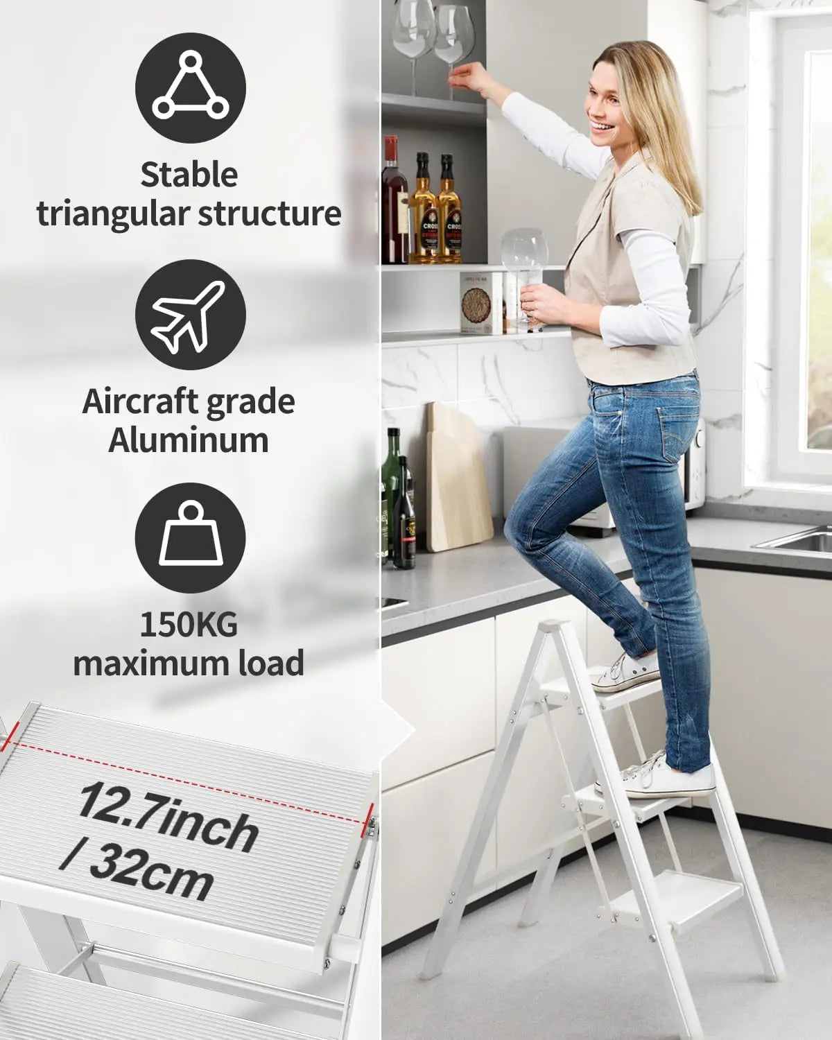 2-3-4 Step Ladder Aluminum Lightweight Folding Step Stool Wide Anti-Slip Pedal 150kg load Household Office Portable Stepladder