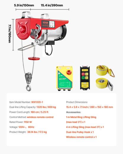 Electric Cable Hoist Winch 1320-2200 lbs with Remote