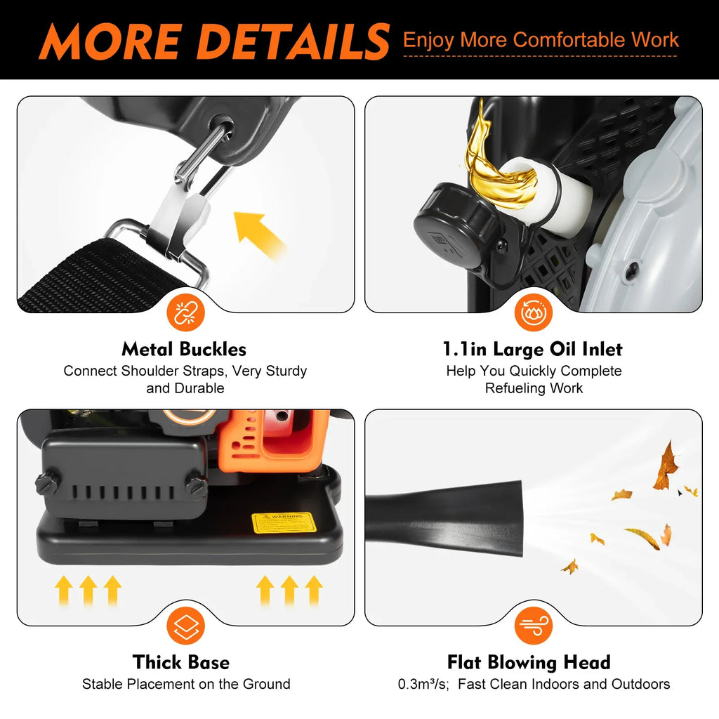 Backpack Leaf Blower 63CC 2 Stroke Gas Powered Leaf Blowers with 1.8L Fuel Tank,  Air Cooling Grass Blower for Yard
