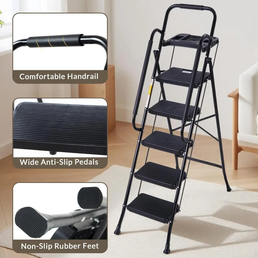 5 Step Folding Ladder with Handrails, 500 Lbs Capacity, Anti-Slip Pedals & Tool Platform for Home Kitchen Office