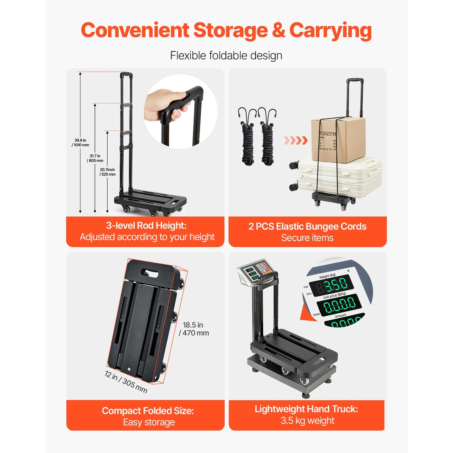 Folding Hand Truck 500 lbs with 6 Wheels & Ropes