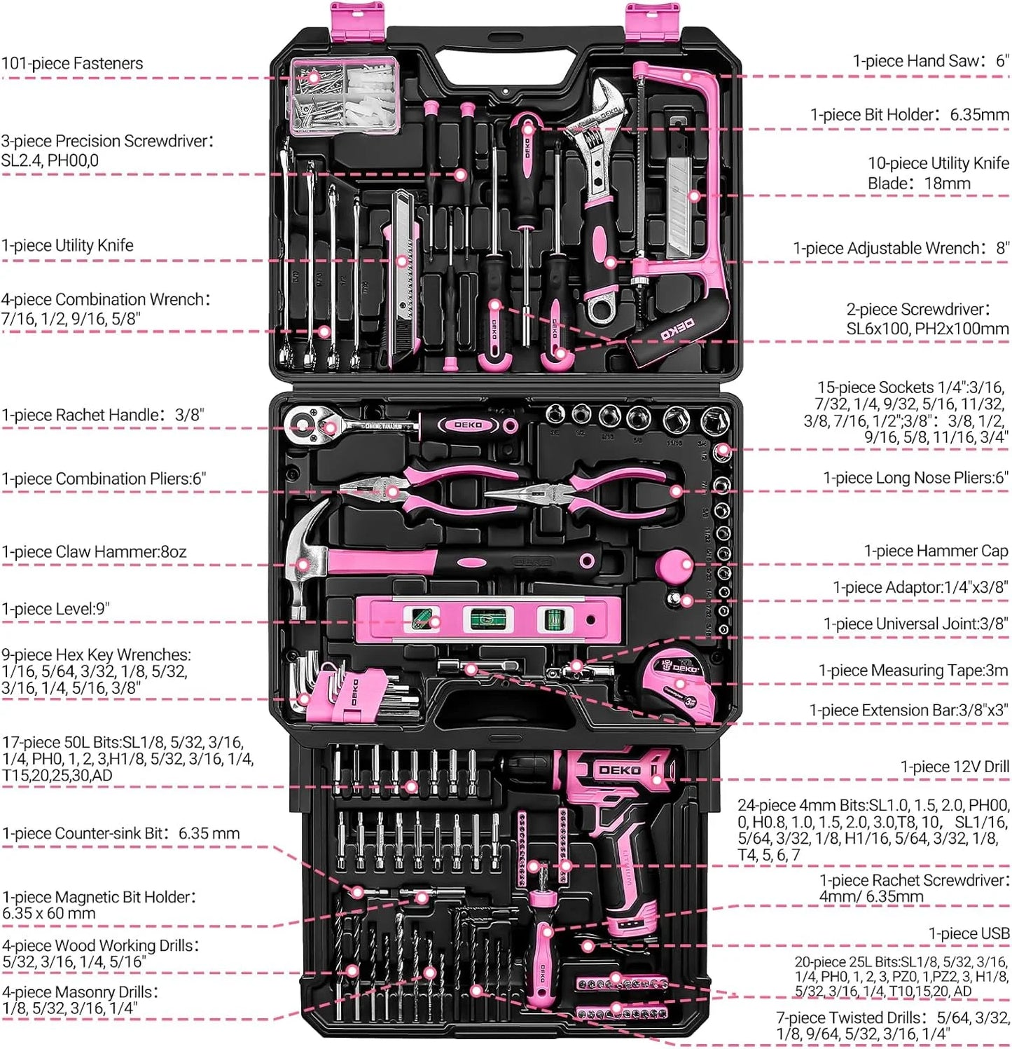 Home Mechanic Tool Kit with 12V Cordless Drill