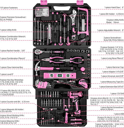 Home Mechanic Tool Kit with 12V Cordless Drill