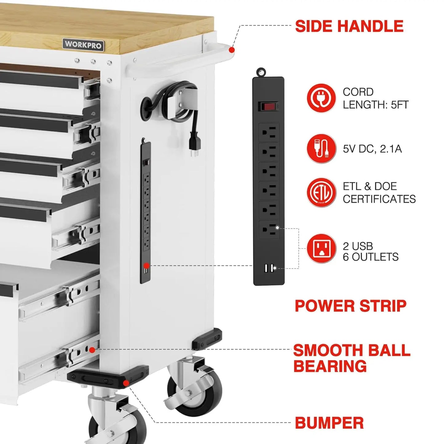 52" Rolling Tool Chest 5-Drawer with Power Strip