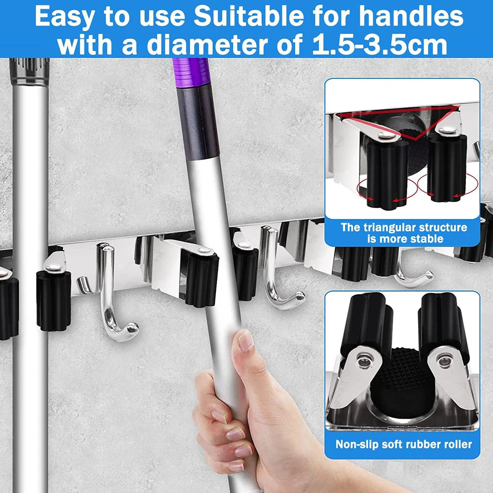 Wall Mount Stainless Steel Mop & Broom Storage Rack