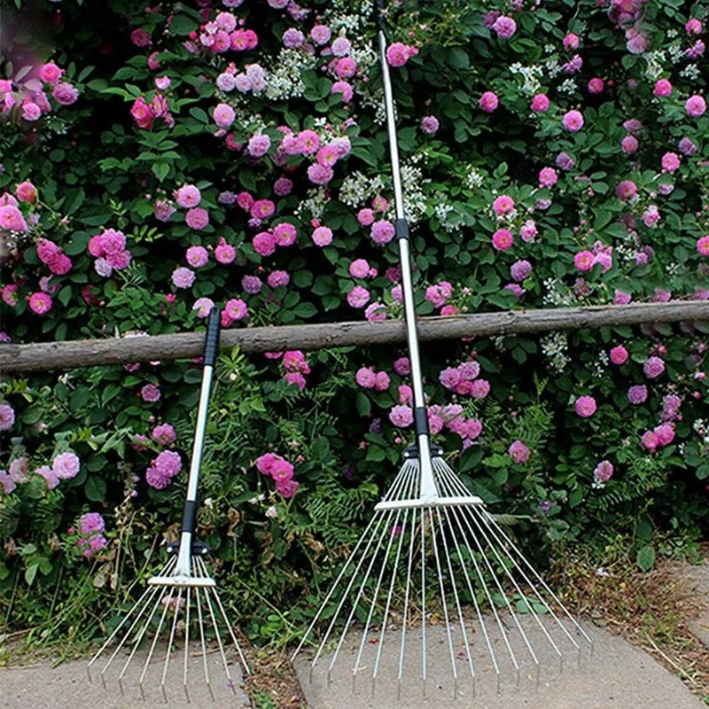Small Garden Rake Quick Sweep Adjustable Aluminum Alloy Multi Toothed Comfortable To Grip Garden Leaf Rake for Lawn