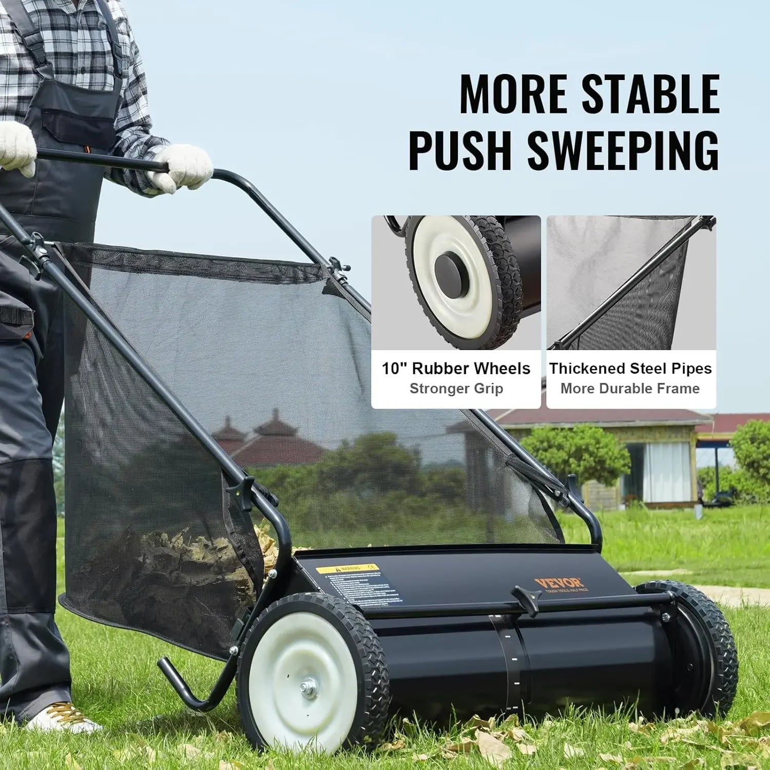 Push Lawn Sweeper, 26 Inch Leaf & Grass Collector, Strong Rubber Wheels & Heavy Duty Thickened Ste