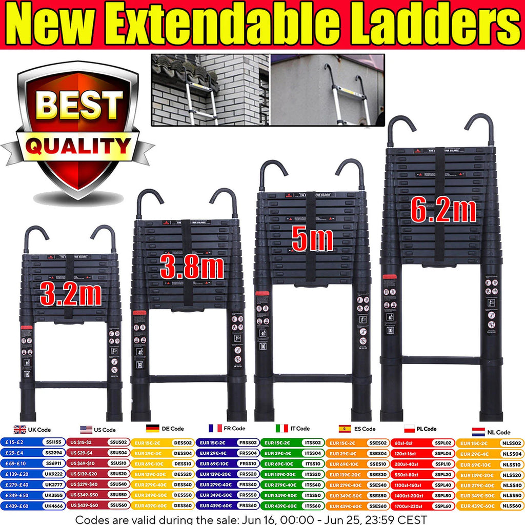 Stronger Black Telescopic Ladders 10.5FT-20.3FT Folding Aluminium with Detachable Hooks Extendable Steps Non-Slip Home Tool