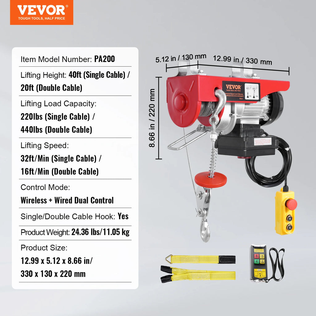 440lbs Wireless Electric Lifting Hoist with 40ft Single/20ft Double Slings Lifting Height Lift Hoist for Garage