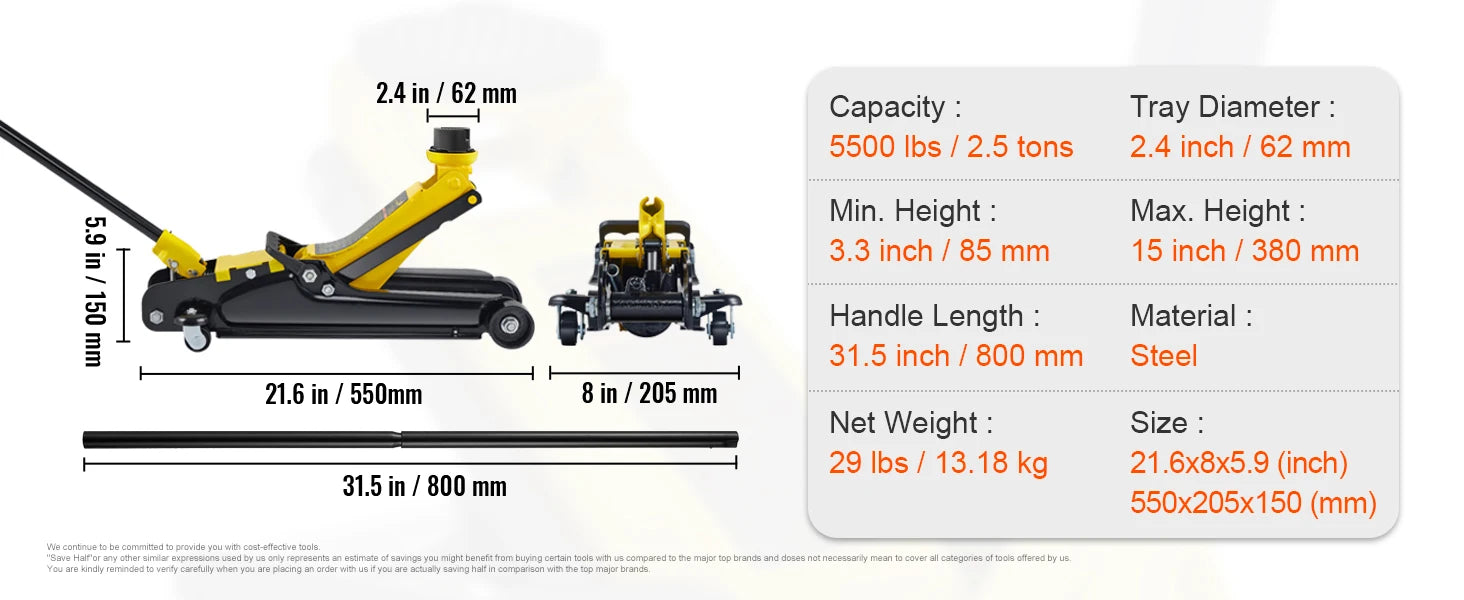2.5T Floor Hydraulic Jack Pneumatic Low Profile Floor Jack Heavy-Duty Steel Racing Floor Jack with Piston Lift Pump