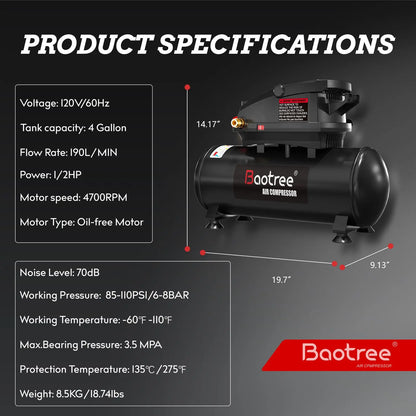 4 Gallon Portable Air Compressor - Quiet Electric