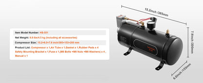 12V Train Horn Air Compressor with 3L Tank, 120 PSI