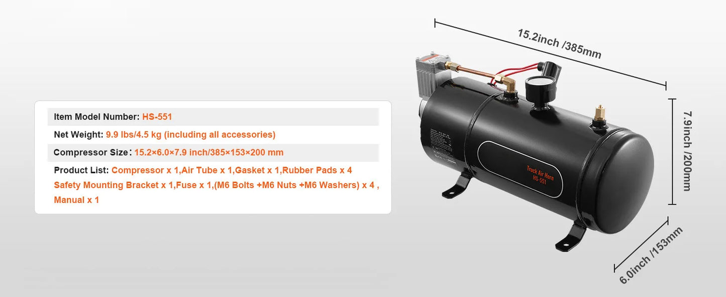 12V Train Horn Air Compressor with 3/6L Tank, 120 PSI