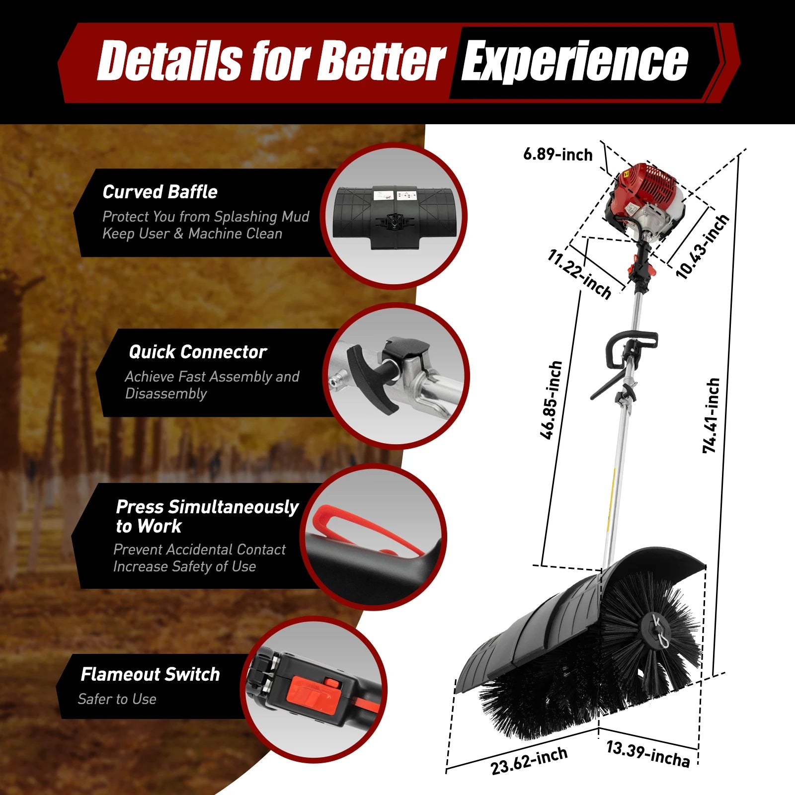 2.3HP 52CC Gas Power Walk Behind Sweeper, Hand-hold Snow Sweeper for Driveway Turf Artificial Grass