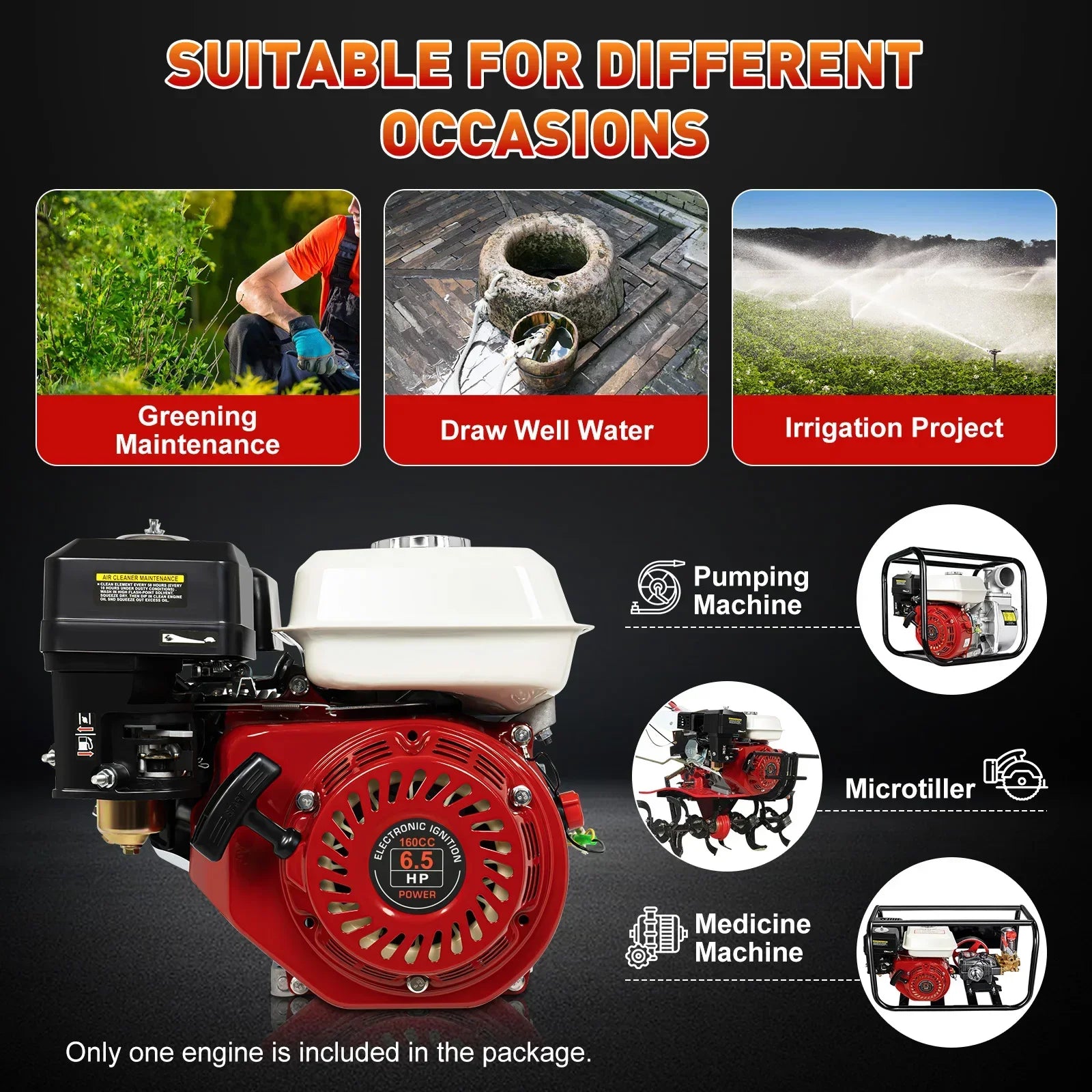 6.5HP 4-Stroke Gas Engine for Honda GX160 OHV  Pull Start  Air Cooling System 200cc