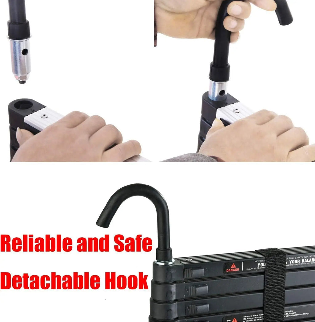 Stronger Black Telescopic Ladders 10.5FT-20.3FT Folding Aluminium with Detachable Hooks Extendable Steps Non-Slip Home Tool
