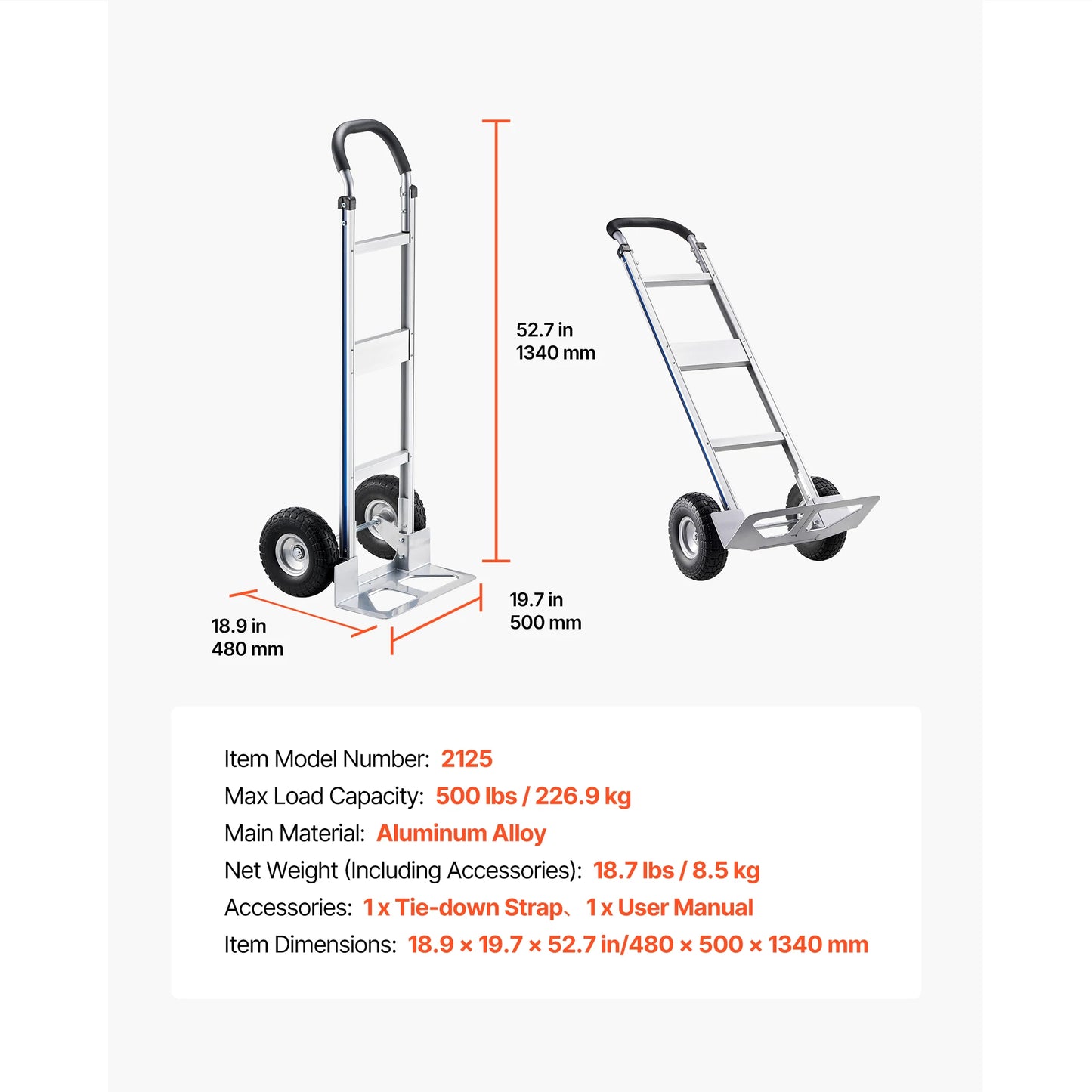 Hand Truck Dolly 500 lbs with Non-Slip Wheels