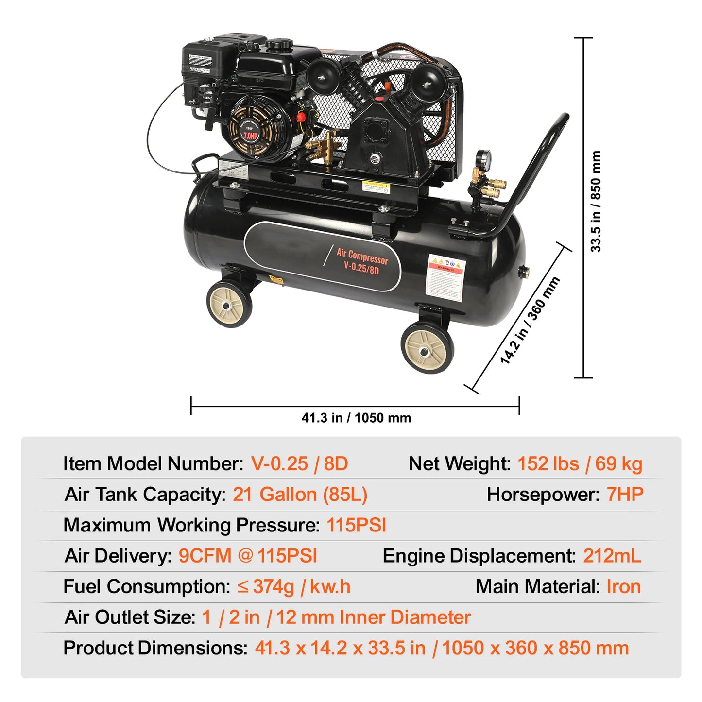 Gas Air Compressor 7-15 HP, 10-30 Gallon, 115 PSI