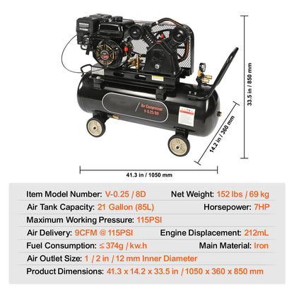 Gas Air Compressor 7-15 HP, 10-30 Gallon, 115 PSI