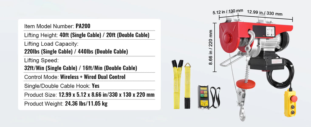 440lbs Wireless Electric Lifting Hoist with 40ft Single/20ft Double Slings Lifting Height Lift Hoist for Garage