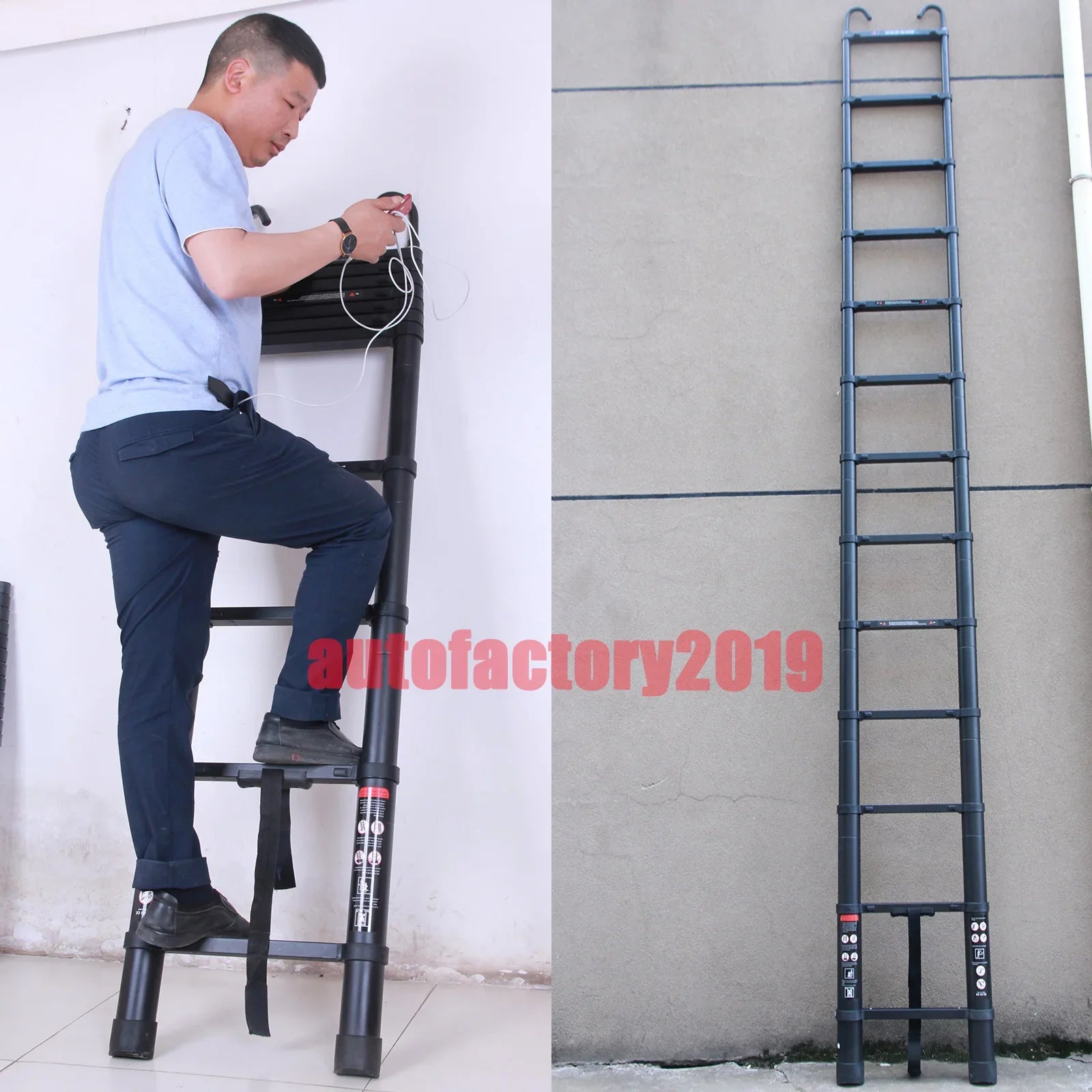 Stronger Black Telescopic Ladders 10.5FT-20.3FT Folding Aluminium with Detachable Hooks Extendable Steps Non-Slip Home Tool
