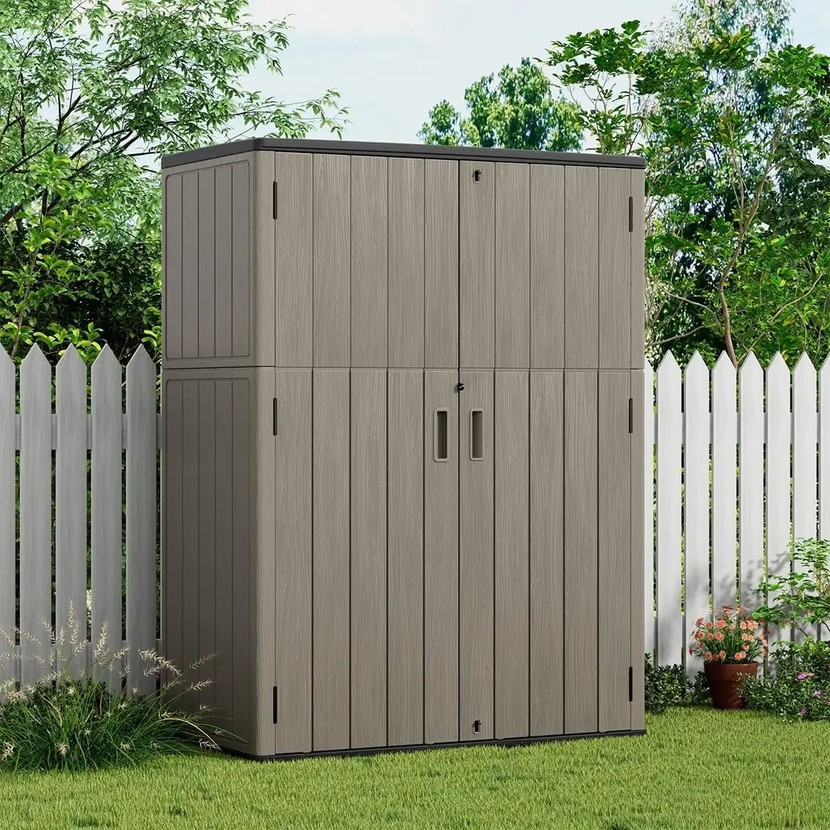 Vertical Outdoor Storage Cabinet Waterproof, Outdoor Resin Tool Shed for Patio Furniture (Coffee Color)