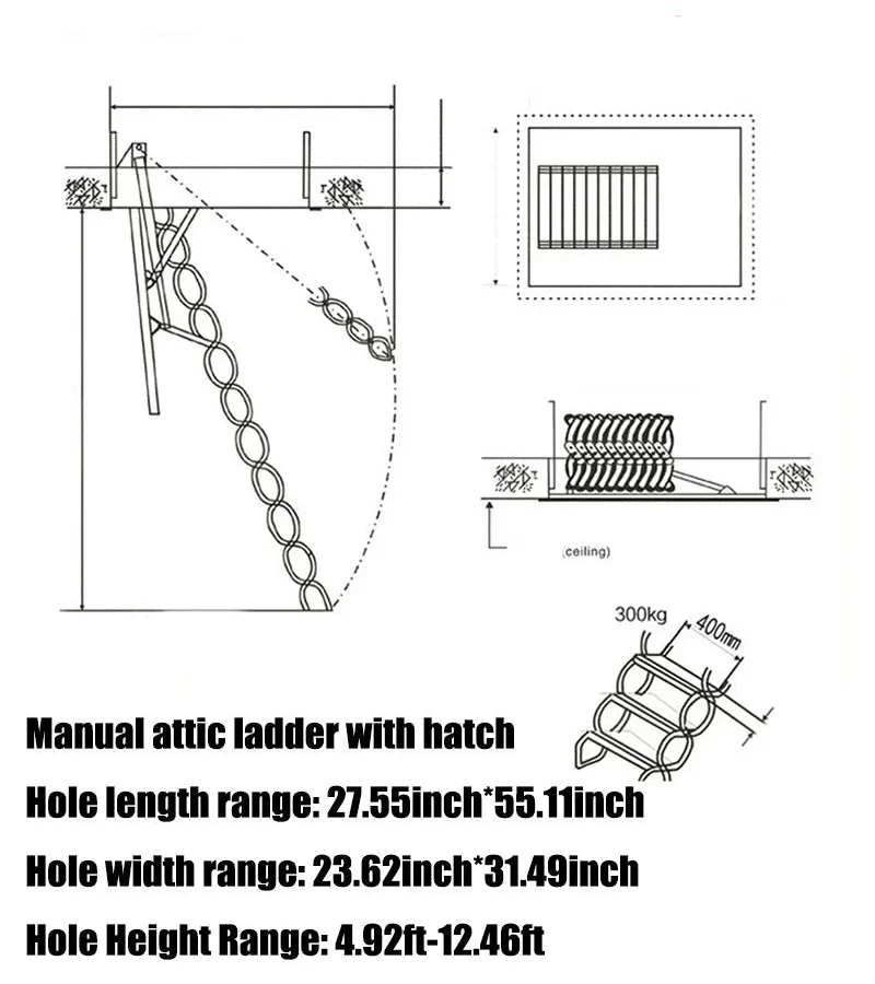 Steel attic Telescopic Ladder with hatch Ceiling fold Stairs Home  loft Ladder Pull Down Custom Size 5ft-12ft