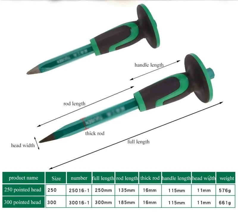 Stone chisel 250/300 long steel chisel chopper with rubber sleeve flat head flat chisel masonry chisel
