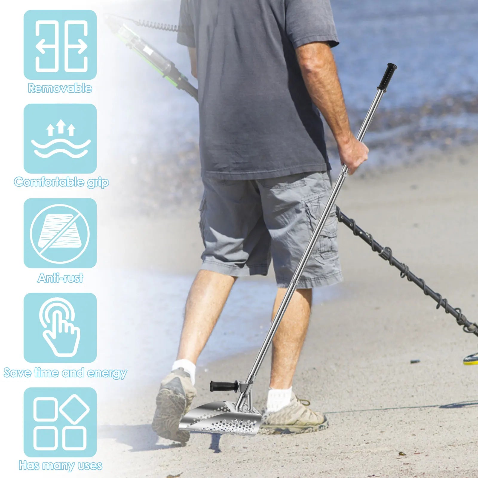 Metal Detecting Sand Scoop Heavy Duty Metal Detecting Shovel with Removable Long Handle 304 Stainless Steel Rustproof Beach