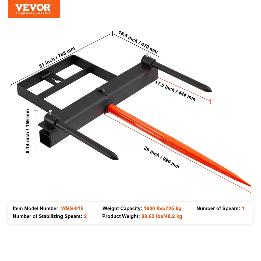 39" Hay Spear Bale Spears 1600lbs Loading Capacity Skid Steer Loader Tractor Bucket Attachment with 17.5" Stabilizer