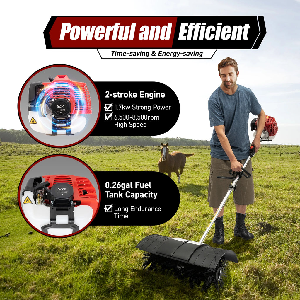 2.3HP 52CC Gas Power Walk Behind Sweeper, Hand-hold Snow Sweeper for Driveway Turf Artificial Grass