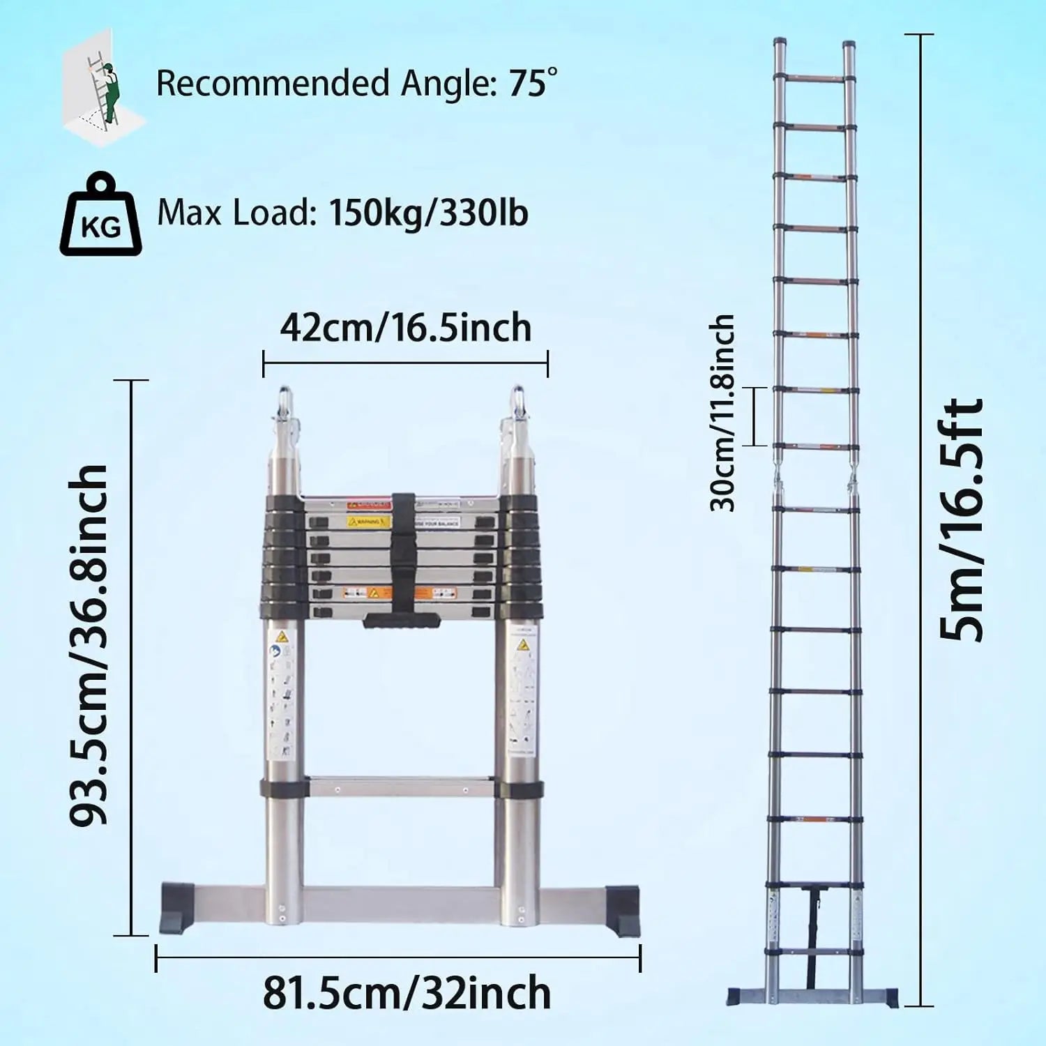 Telescoping Ladder Stainless Steel Folding Ladder Portable Extendable Loft Ladder Capacity Max Load 150kg/330lb,EN131
