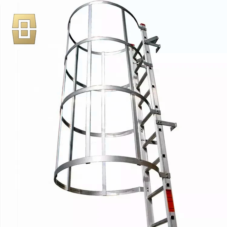 Outdoor Vertical Cage Ladders Steel Fiberglass FRP Material Angled Steel Cat Cage Step Ladder for Fire Escape Access
