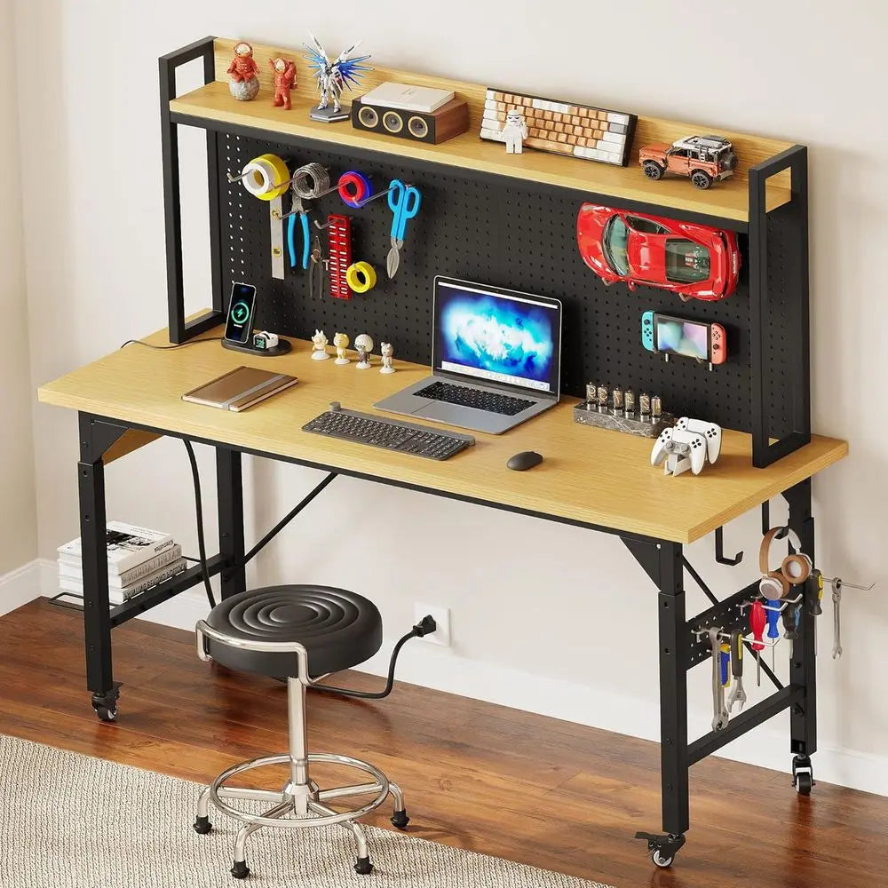 60" Adjustable Workbench with Pegboard, Heavy Duty Wood Top Work Bench with Wheels, 1600 LBS Load acity, Rolling Work Table with